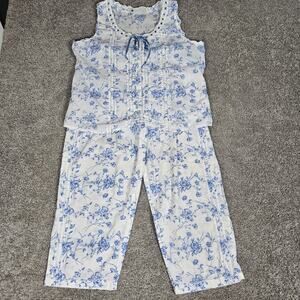 Ella Simone Pajama Set Womens Large White Blue Capri Floral Ruffles Cottagecore
